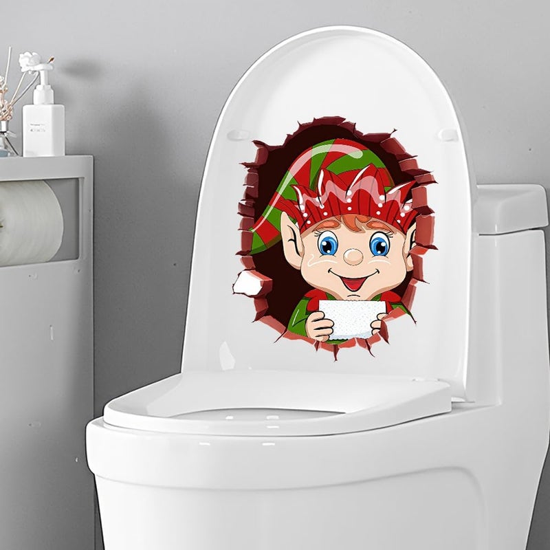 Iprokiu Christmas Toilet Sticker Santa Claus Reindeer Elf Toilet Seat Cover Decal Waterproof Christmas Crack Toilet Seat Lid Decal Snowman Elk Washroom Decoration (Elf) - Image 5